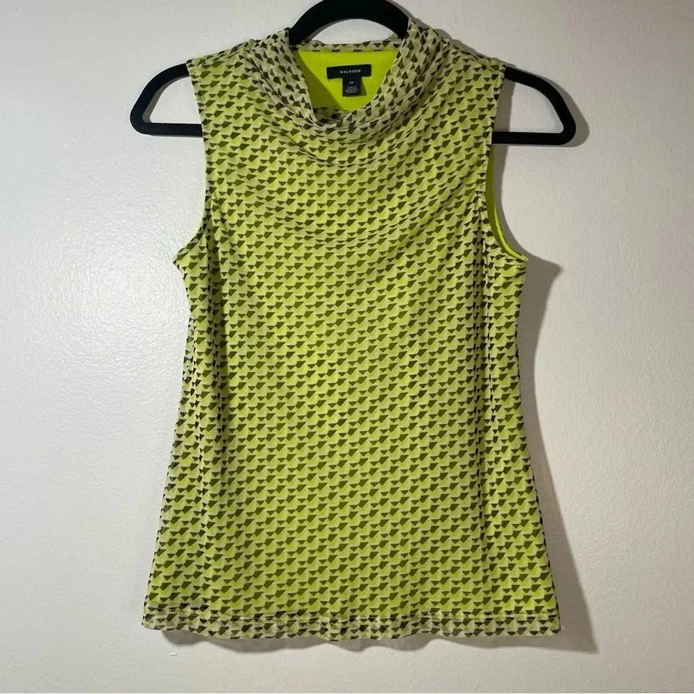 Halogen Neon Yellow Black Geometric Sleeveless Mesh Loose Mock Neck Blouse XS